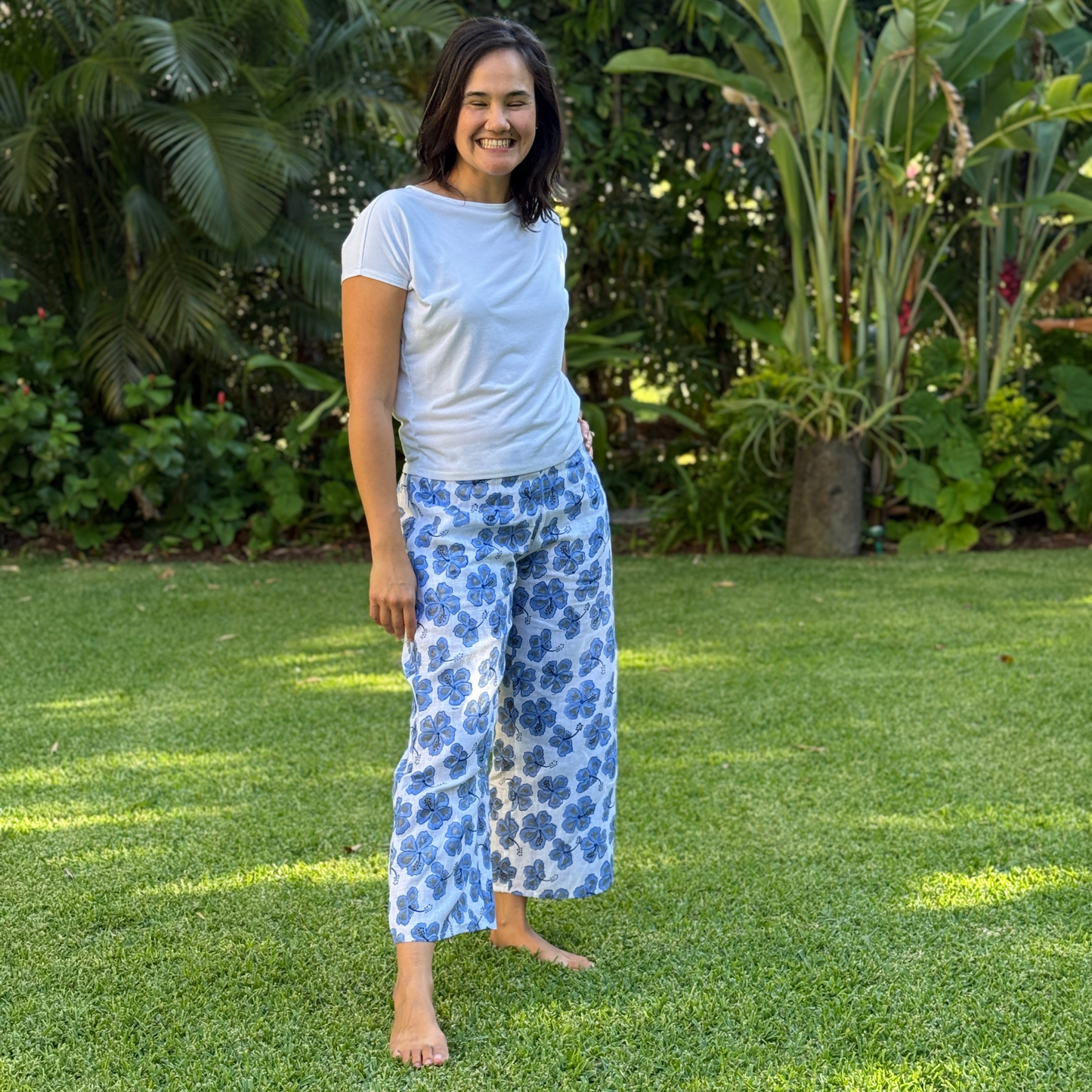 Blue Hibiscus Linen Pants