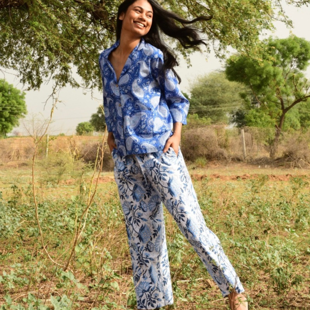 block print lounge top azure M