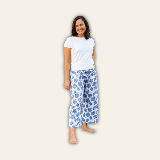Blue Hibiscus Linen Pants