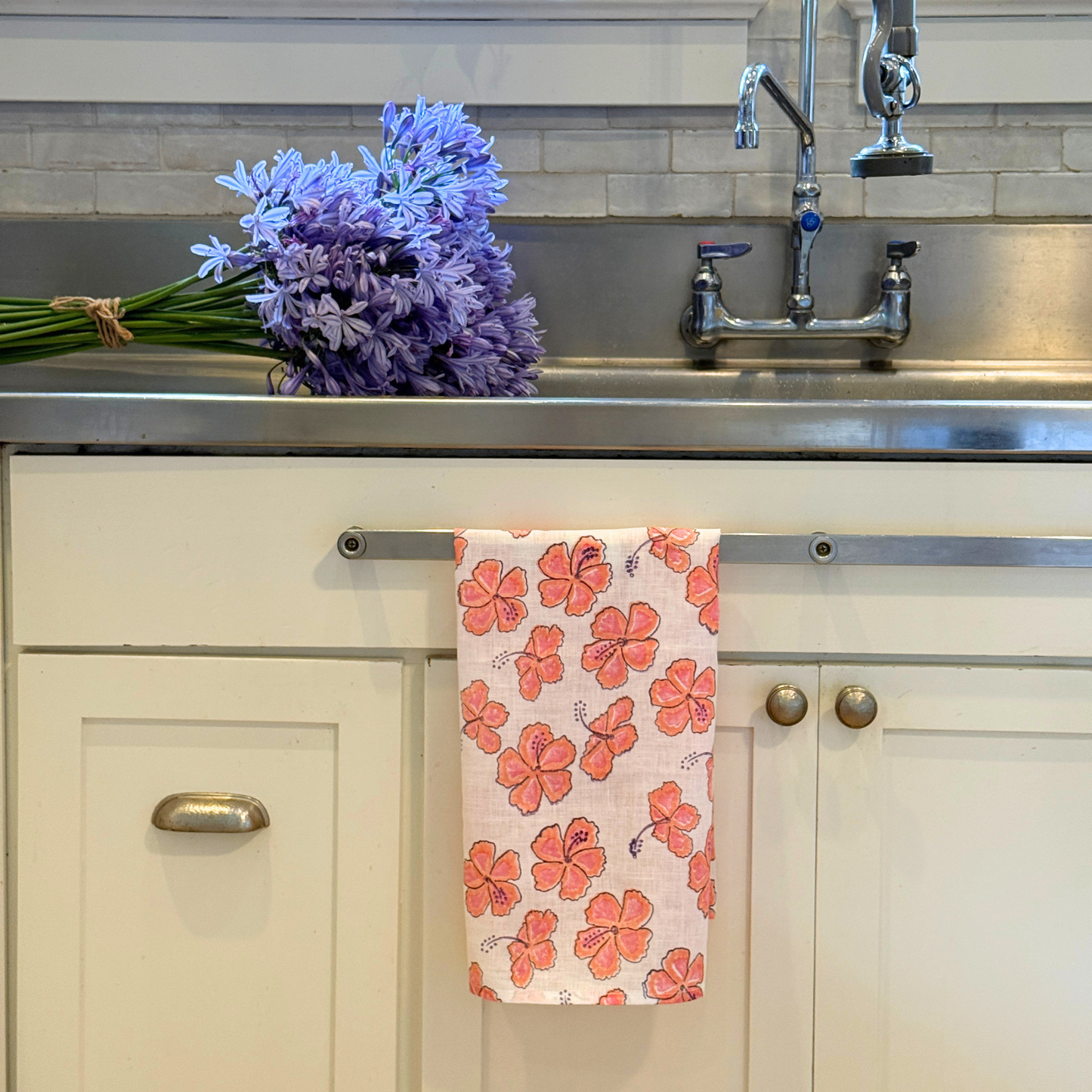Pink Hibiscus Linen Tea Towel