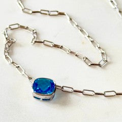 S/S Paperclip Blue Topaz Necklace 18"